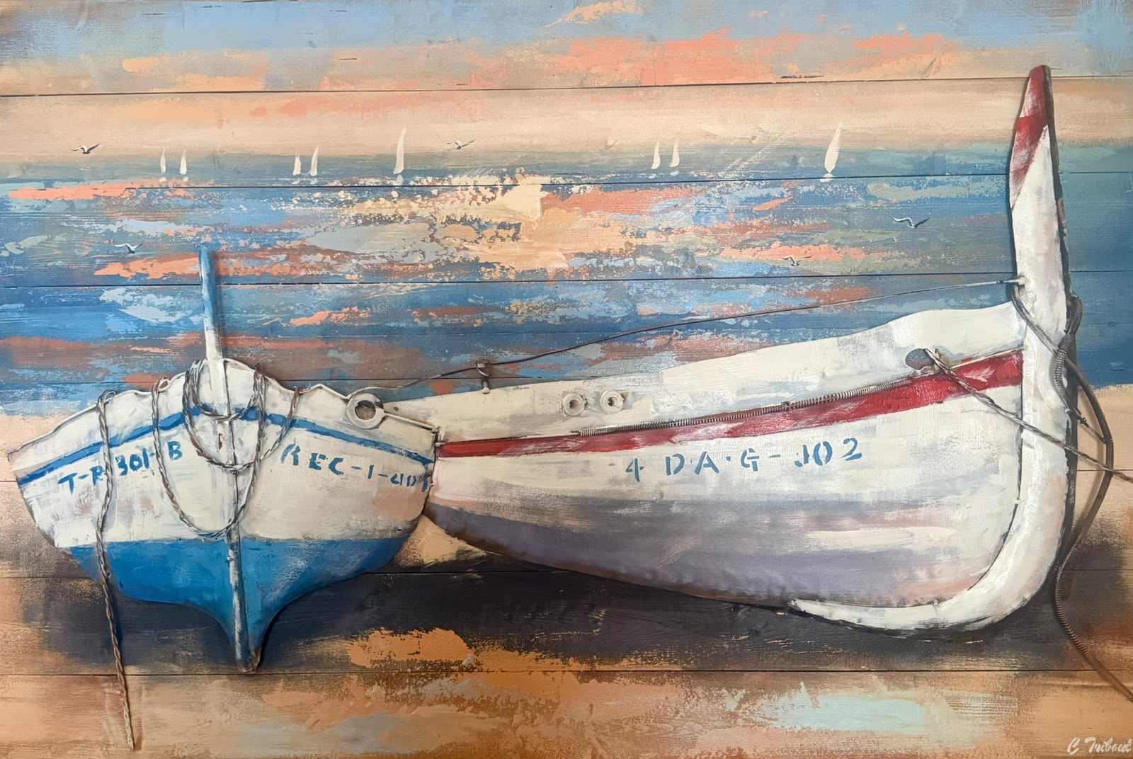 Tableau en relief Barques de pêche bois et métal — Océan inspiré de La Réunion | L'ART Réunion