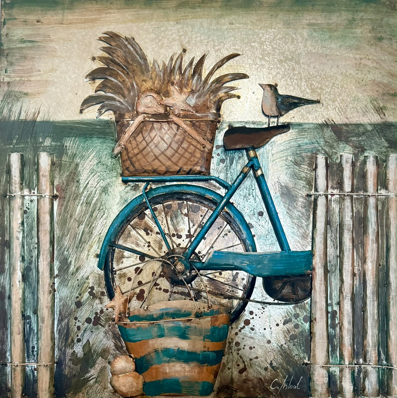 Tableau en relief Bicyclette — panier et oiseau — Culture inspiré de La Réunion | L'ART Réunion