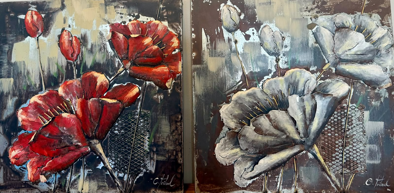 Tableau en relief Coquelicots rouge et blanc — diptyque — Nature inspiré de La Réunion | L'ART Réunion